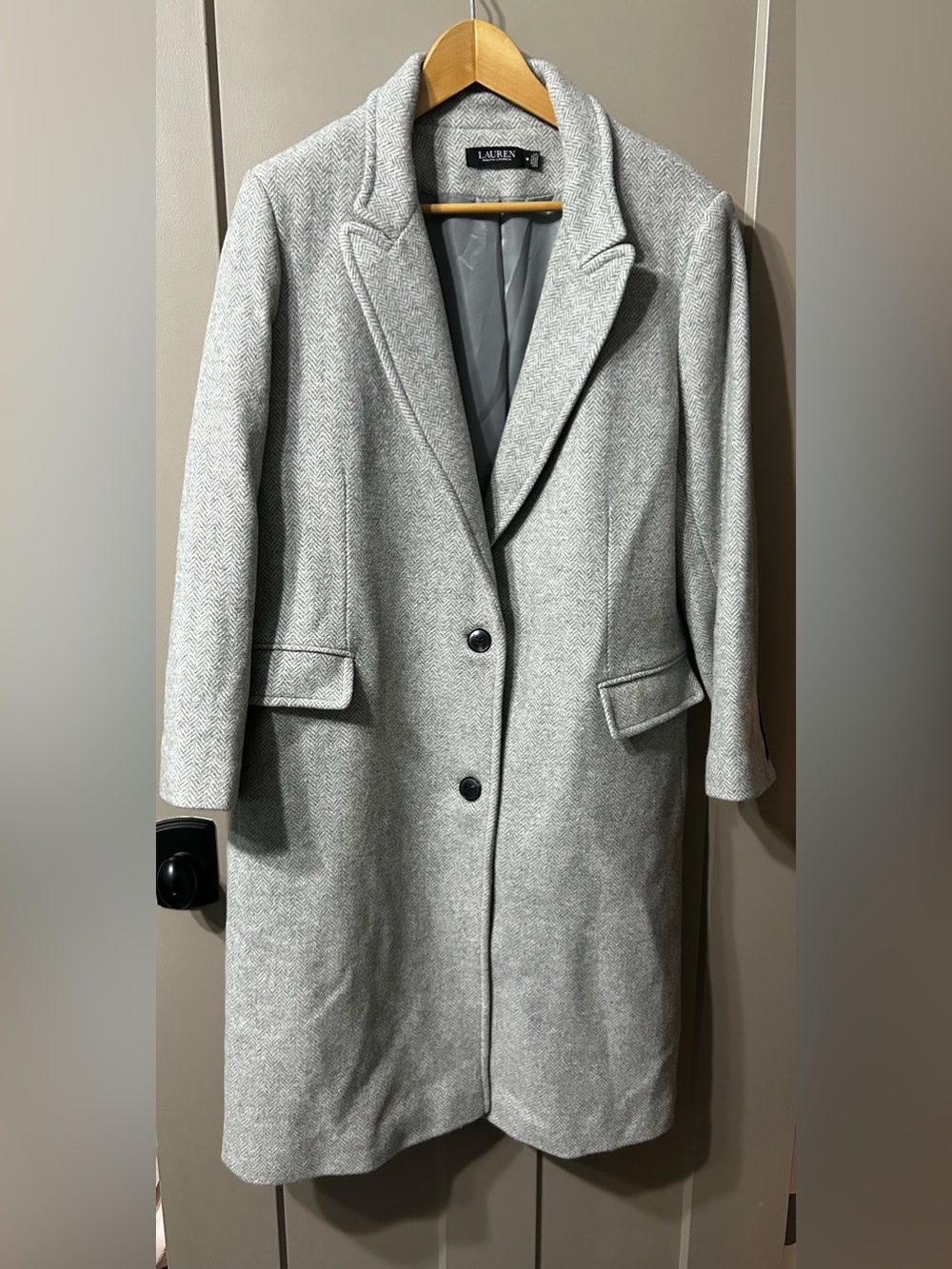 Lauren Ralph Lauren gray herringbone wool-blend overcoat trench 2 button